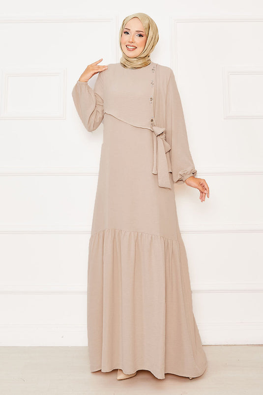 Önü Aller Ve Taş Detaylı Bağlamalı Elbise Bej