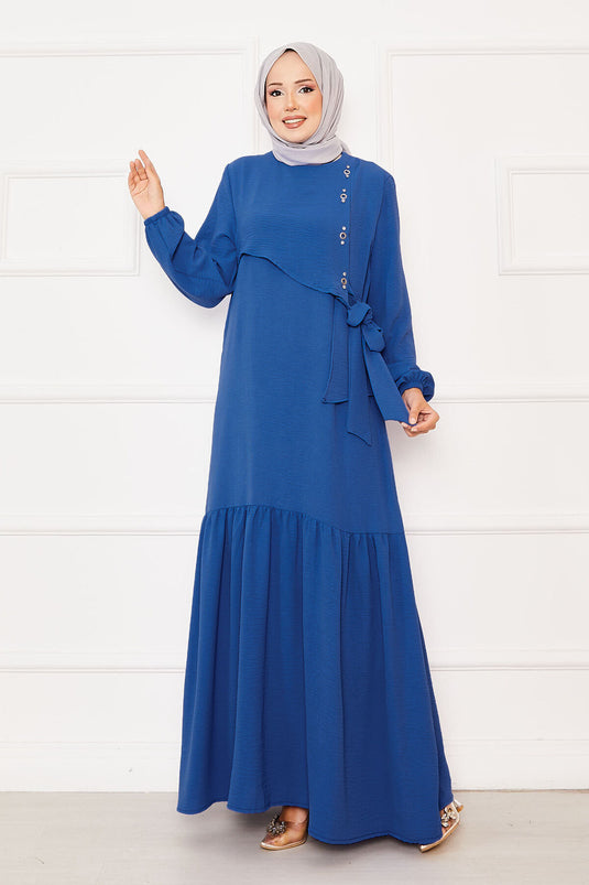 Önü Aller Ve Taş Detaylı Bağlamalı Elbise Mavi