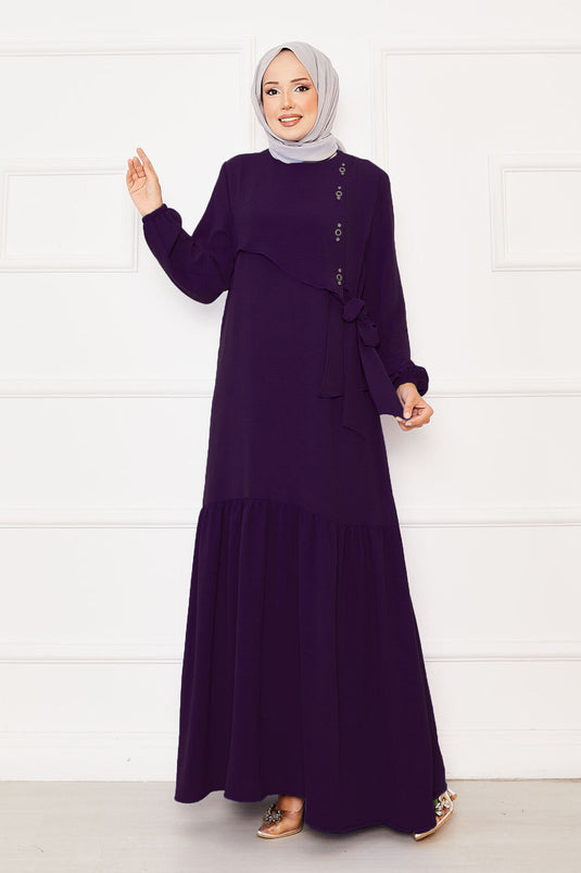 Önü Aller Ve Taş Detaylı Bağlamalı Elbise Mürdüm