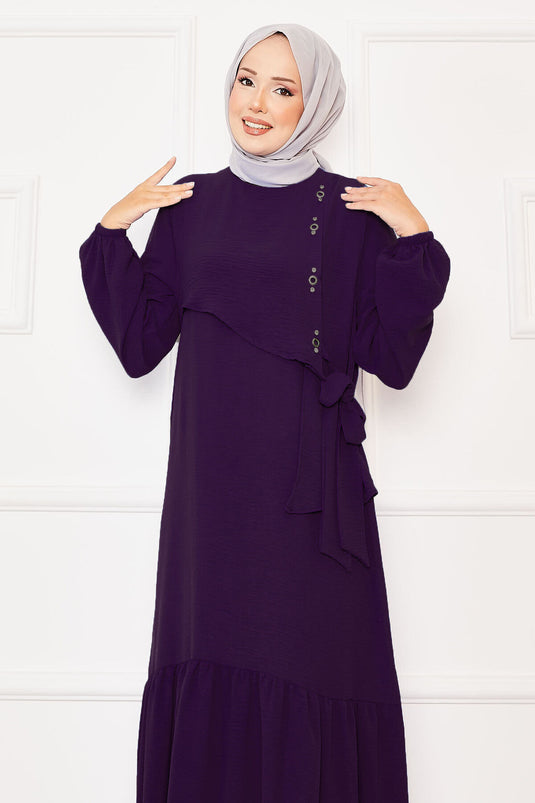 Önü Aller Ve Taş Detaylı Bağlamalı Elbise Mürdüm