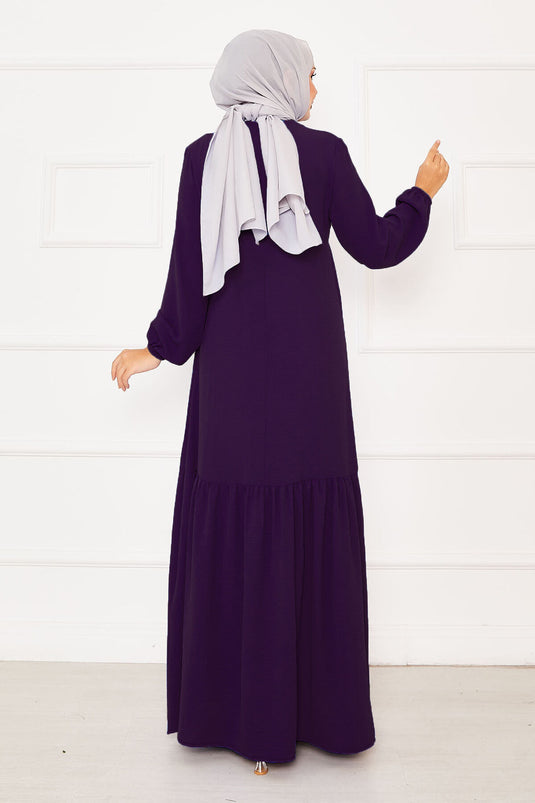 Önü Aller Ve Taş Detaylı Bağlamalı Elbise Mürdüm