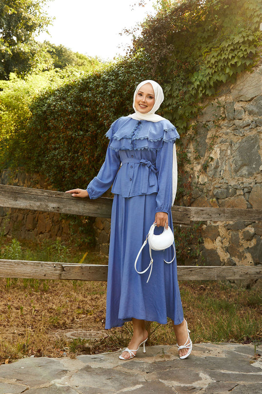 Indigo Skirt Suit with Front Laced Guipure Detail