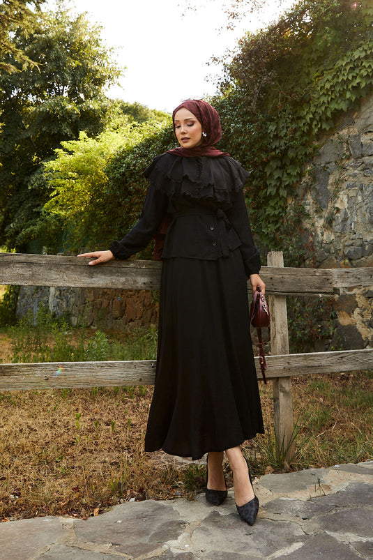 Front Laced Guipure Detailed Skirt Suit Black