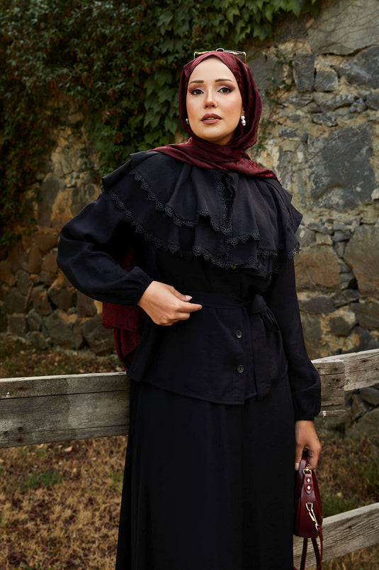 Front Laced Guipure Detailed Skirt Suit Black