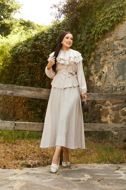 Front Laced Guipure Detailed Skirt Suit Mink