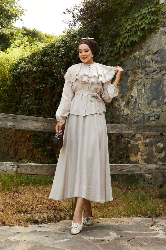 Front Laced Guipure Detailed Skirt Suit Mink