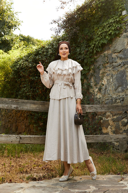 Front Laced Guipure Detailed Skirt Suit Mink