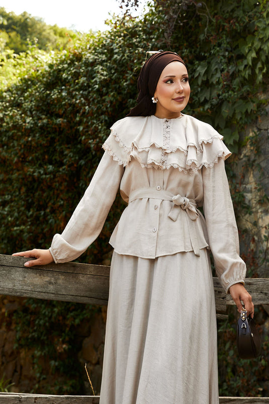 Front Laced Guipure Detailed Skirt Suit Mink