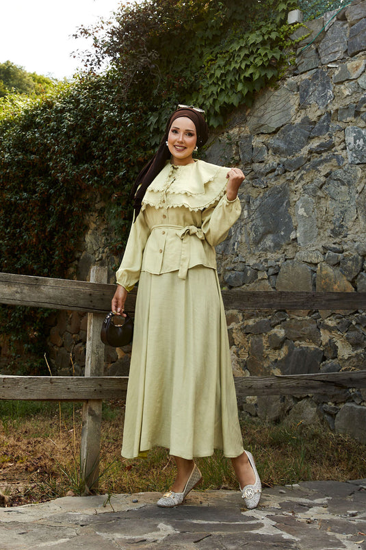 Front Laced Guipure Detailed Skirt Suit Oil Green