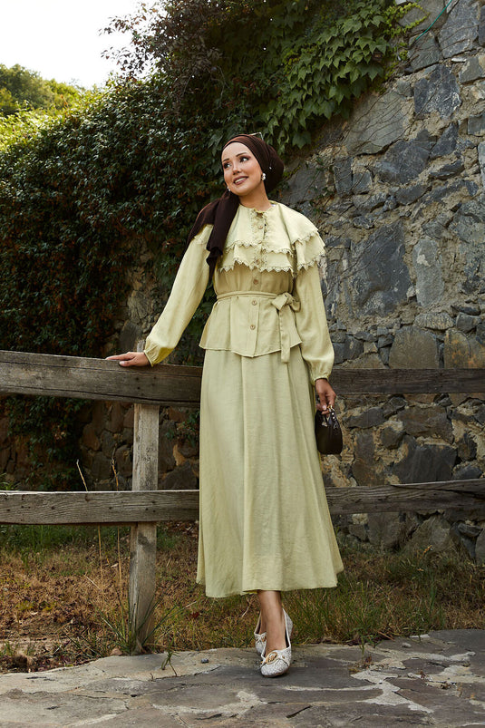 Front Laced Guipure Detailed Skirt Suit Oil Green