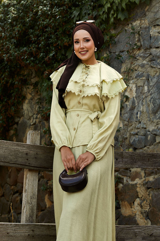 Front Laced Guipure Detailed Skirt Suit Oil Green