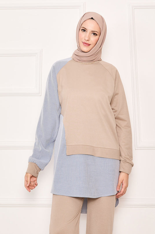 Costume deux pièces avec garniture de ligne asymétrique sur le devant, beige