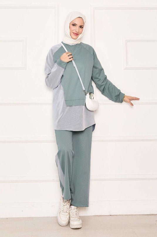 Mint Two Piece Set with Asymmetrical Stripe Garnish on the Front