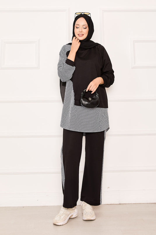 Ensemble deux pièces avec garniture de ligne asymétrique sur le devant, noir