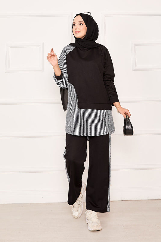 Ensemble deux pièces avec garniture de ligne asymétrique sur le devant, noir