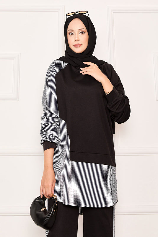 Ensemble deux pièces avec garniture de ligne asymétrique sur le devant, noir