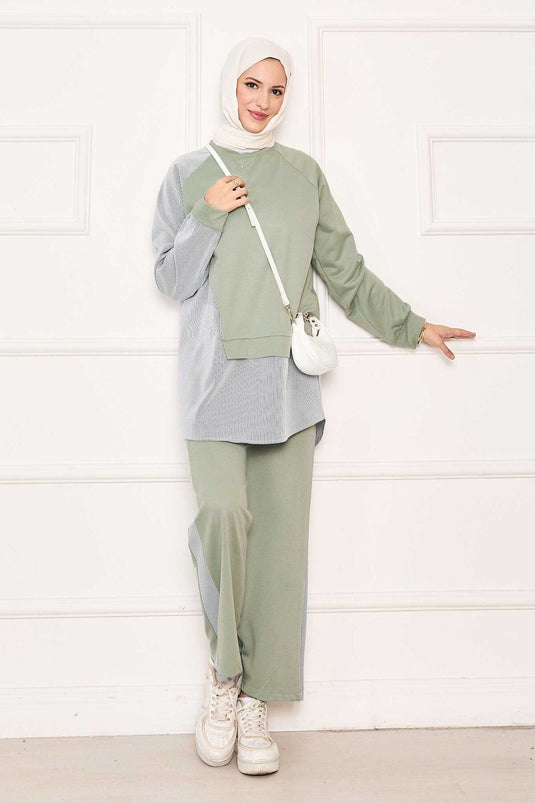 Asymmetrical Front Striped Two Piece Suit Water Green