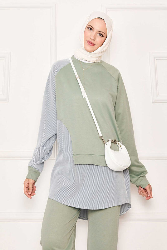 Asymmetrical Front Striped Two Piece Suit Water Green