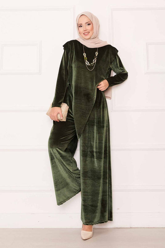 Velvet Suit Khaki with Asymmetrical Front Detail