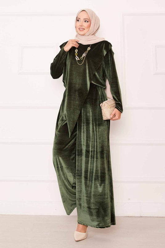 Velvet Suit Khaki with Asymmetrical Front Detail