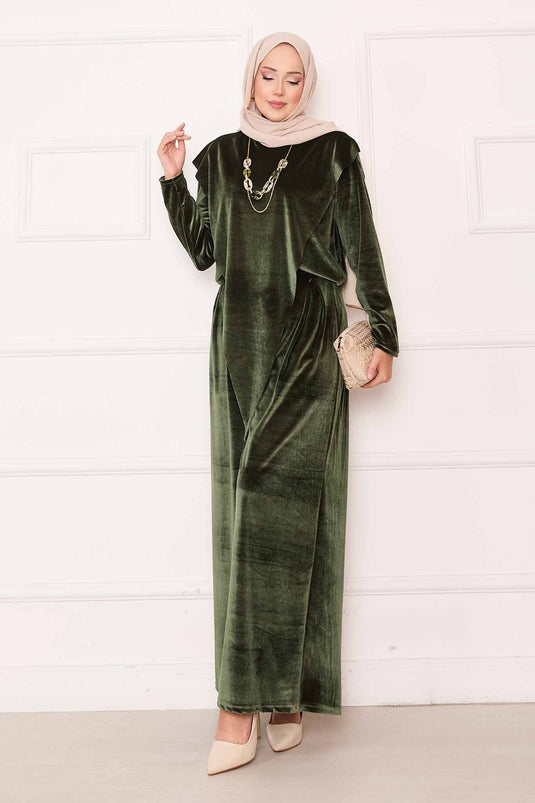 Velvet Suit Khaki with Asymmetrical Front Detail