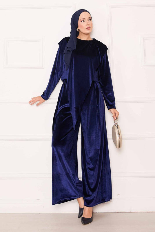 Velvet Suit with Asymmetrical Front Detail, Navy Blue