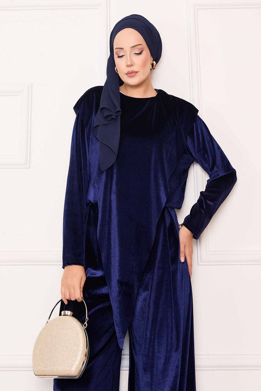 Velvet Suit with Asymmetrical Front Detail, Navy Blue
