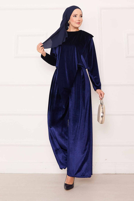 Velvet Suit with Asymmetrical Front Detail, Navy Blue