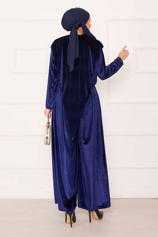 Velvet Suit with Asymmetrical Front Detail, Navy Blue