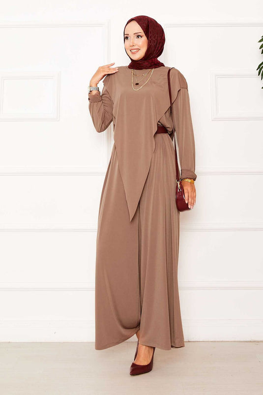 Önü Asimetrik Detaylı Sandy İkili Takım Camel