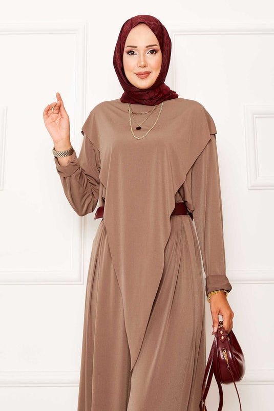 Önü Asimetrik Detaylı Sandy İkili Takım Camel
