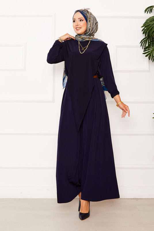 Costume deux pièces Sandy bleu marine avec détail asymétrique sur le devant