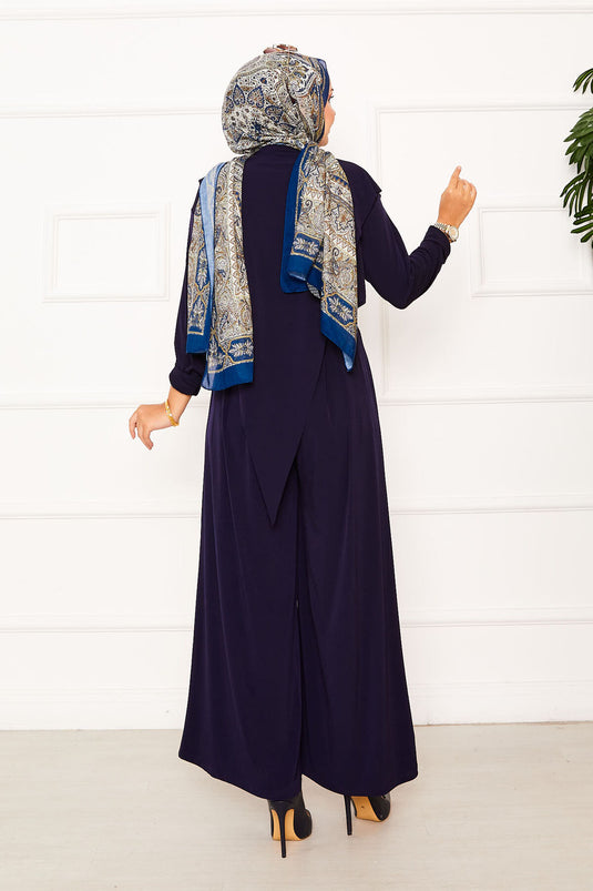 Costume deux pièces Sandy bleu marine avec détail asymétrique sur le devant