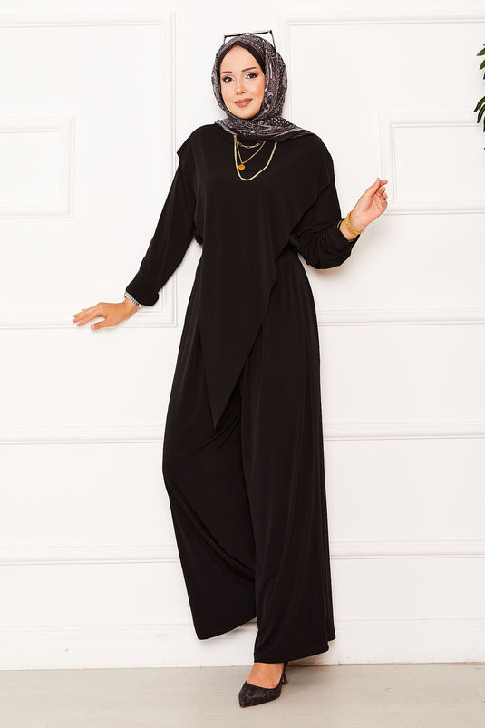 Costume deux pièces Sandy noir avec détail asymétrique sur le devant