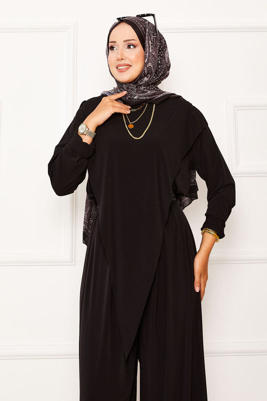 Costume deux pièces Sandy noir avec détail asymétrique sur le devant