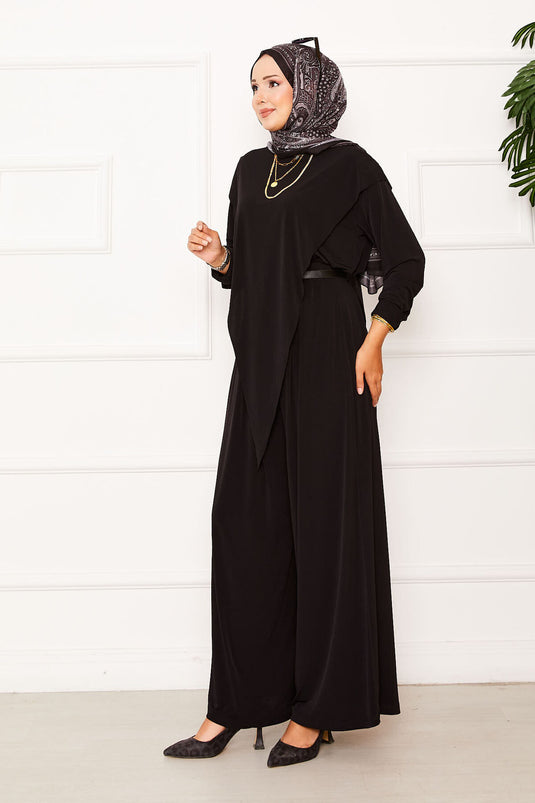 Costume deux pièces Sandy noir avec détail asymétrique sur le devant