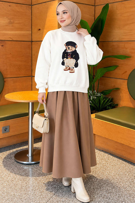 Önü Ayıcık Nakışlı Üç İplik Sweatshirt Ekru