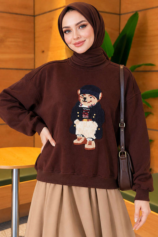 Önü Ayıcık Nakışlı Üç İplik Sweatshirt Kahve