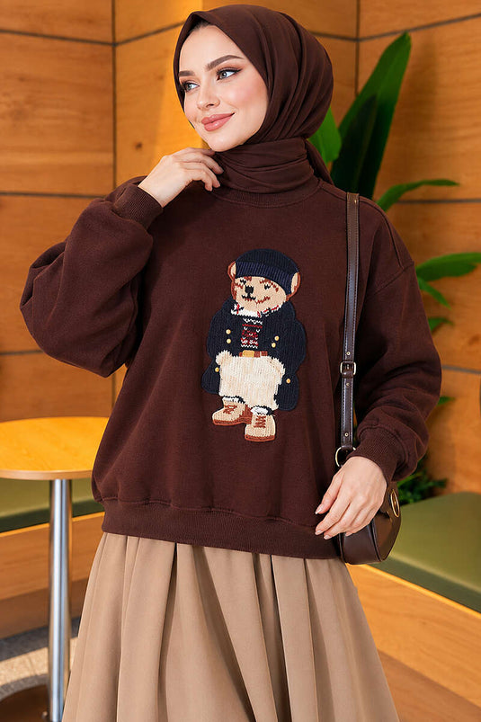 Önü Ayıcık Nakışlı Üç İplik Sweatshirt Kahve