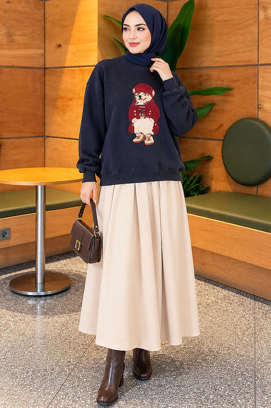 Önü Ayıcık Nakışlı Üç İplik Sweatshirt Lacivert