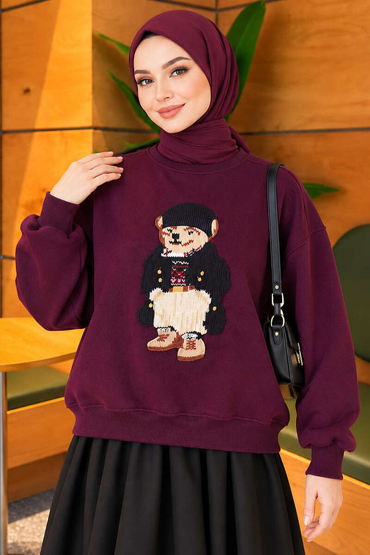 Önü Ayıcık Nakışlı Üç İplik Sweatshirt Mor