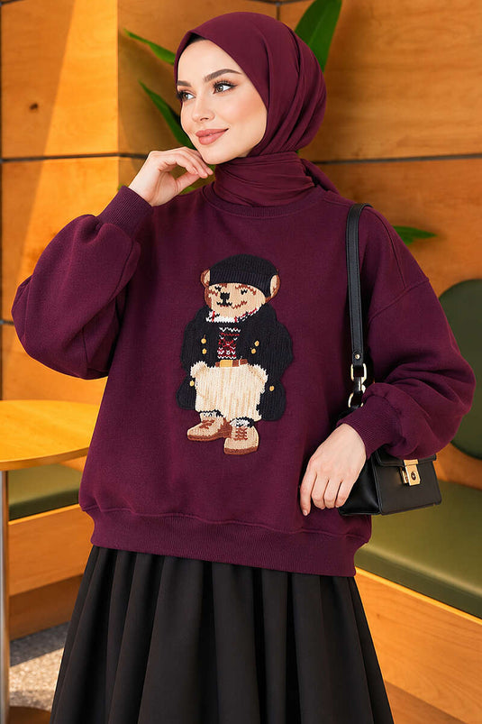 Önü Ayıcık Nakışlı Üç İplik Sweatshirt Mor