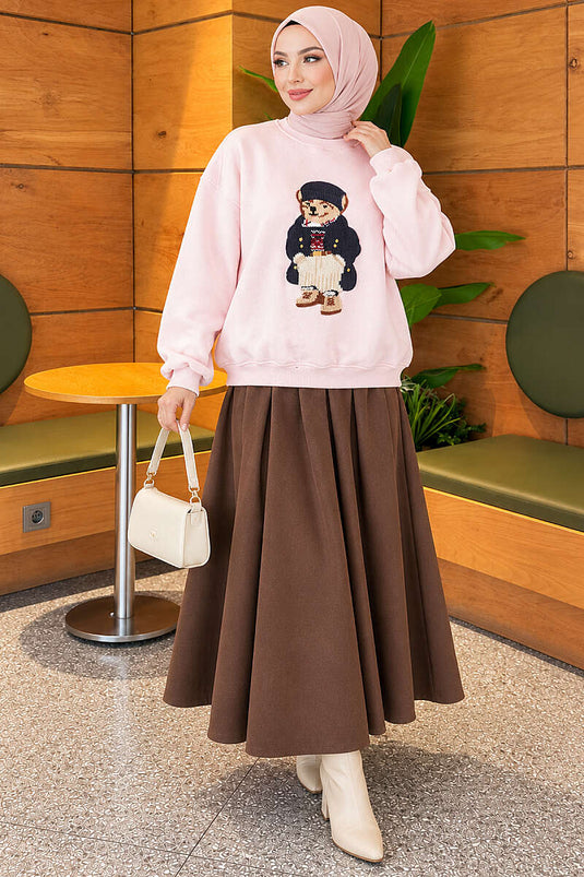 Önü Ayıcık Nakışlı Üç İplik Sweatshirt Pembe