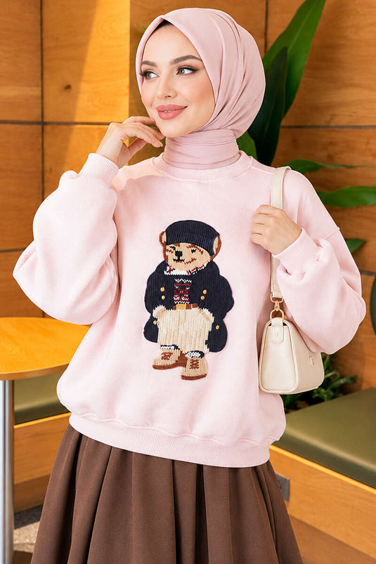 Önü Ayıcık Nakışlı Üç İplik Sweatshirt Pembe