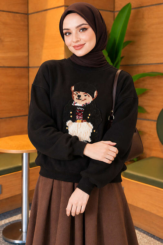 Önü Ayıcık Nakışlı Üç İplik Sweatshirt Siyah