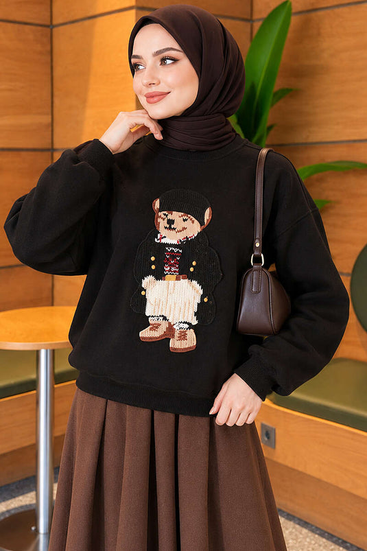 Önü Ayıcık Nakışlı Üç İplik Sweatshirt Siyah