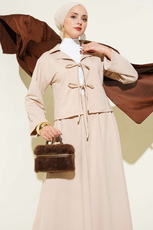 Önü Bağcık Detaylı Etekli İkili Takım Bej