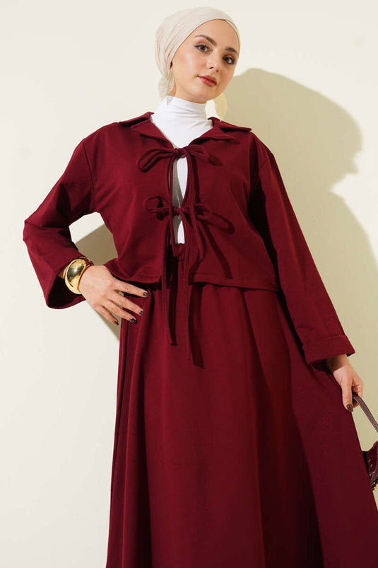 Önü Bağcık Detaylı Etekli İkili Takım Bordo