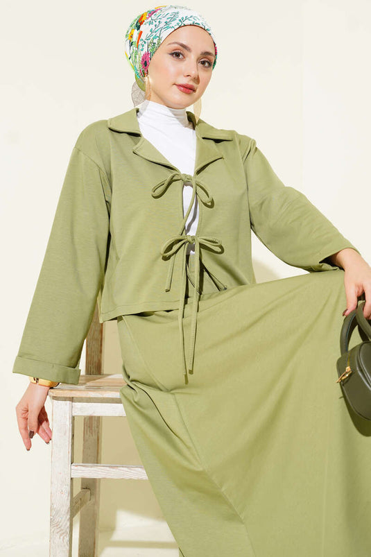 Önü Bağcık Detaylı Etekli İkili Takım Çağla Yeşili