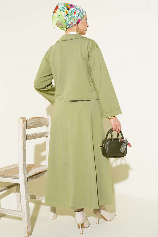 Önü Bağcık Detaylı Etekli İkili Takım Çağla Yeşili